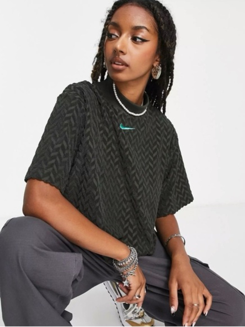 Nike Everyday Modern Jacquard Boxy Crop Top Green Chevron Knit Tee Women's L